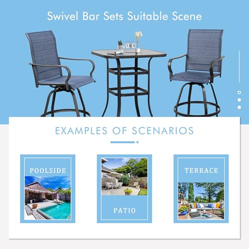 Shintenchi 3 Piece Patio Swivel Bar Stools Set, Outdoor Patio Bar Table and Chairs Set, All Weather Bar Height Chairs Set of 2, High Top Bistro Set Furniture for Balcony, Backyard, Garden, Deep Blue