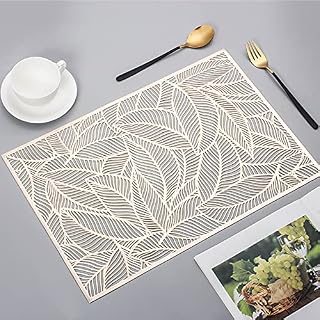 Hosoncovy 4 Pack Rectangle Leaf Decorative Placemats PVC Placemats Hollow Dining Table Place Mats Heat Resistant Non-slip Dining Placemats Table Mats for Home Kitchen (Gold)