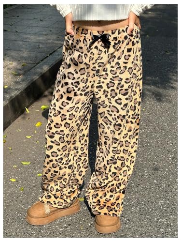 Verdusa Girl's Leopard Print Sweatpants Furry Fuzzy Straight Leg Long Trousers4