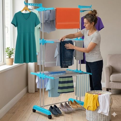 Image of H Houseware Foldable Cloth Drying Stand Stainless Steel 3 Tier Heavy-Duty Clothes Dryer for Balcony Indoor & Outdoor Use with Wheels & Hanger Slots Rust-Proof (Blue) 121.9 x 68.6 x 167.6 Cm