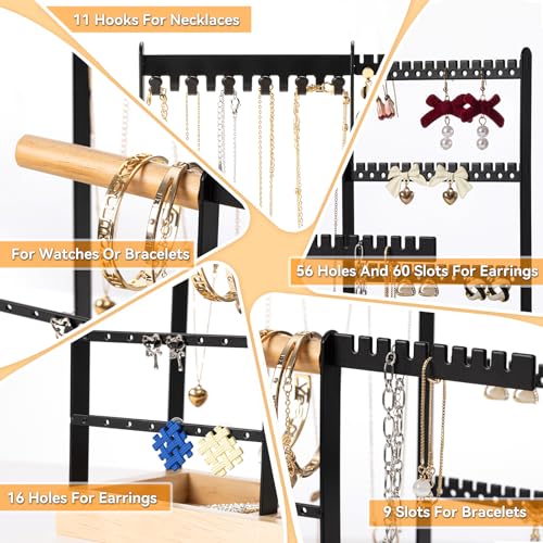 DreamGenius Jewelry Organizer Stand with Velvet Ring Holder, 4 Tier Jewelry Holder Organizer with 11 Hooks for Necklaces and 132 Holes for Earrings, Black — view 5