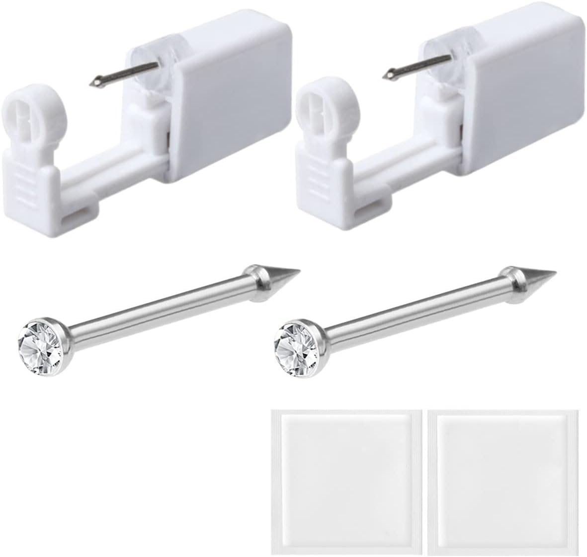 2 Pack Disposable Sterile Nose Piercing Kit Tool with Stud Painless Self Ear Gun for Kit, and Supplies (White)
