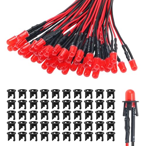 Lyeteung 50 Piezas 5mm 12V LED de Diodo Pre Cableado, Rojo, 20cm Precableado LED Diodos Color Difuso Emisores de Luz + 50 Piezas 5mm Plástico Soporte de LED