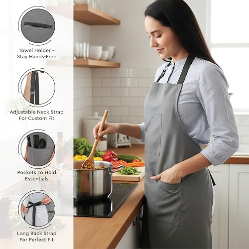 Image of Encasa XO 100% Cotton Apron Set for Women & Men with Adjustable Apron, Oven Gloves & Pot Holder (Pack of 3) Combo, Heat-Resistant, Soft & Durable for Cooking, Baking & Grilling (Grey)
