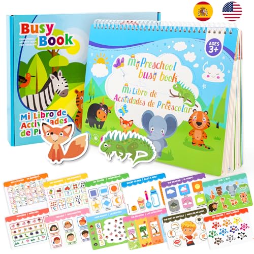Image of Ayyomo Spanish & English Busy Books for Toddlers, Bilingual Preschool Activity Book for 3 4 5 Year Old, Kids Easter Basket Stuffers, Interactive Educational Learning Activities Birthday Gifts