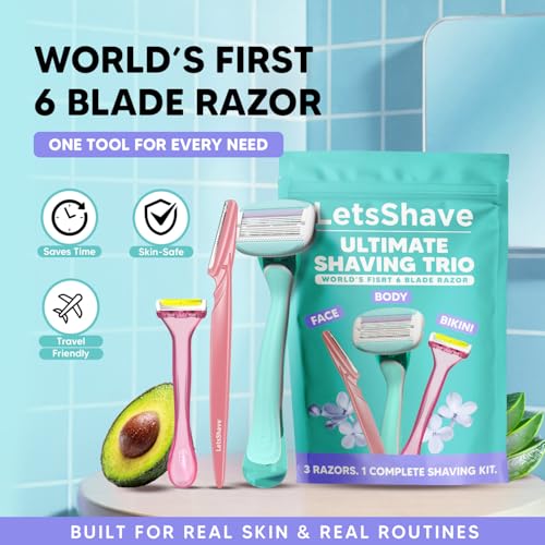 Image of LetsShave Ultimate Shaving Trio for Women | Face, Body & Bikini Razor Kit | World's 1st 6 Blade Razor for Smooth, Safe & Precise Hair Removal | 3 Razors Combo for Full Body Grooming