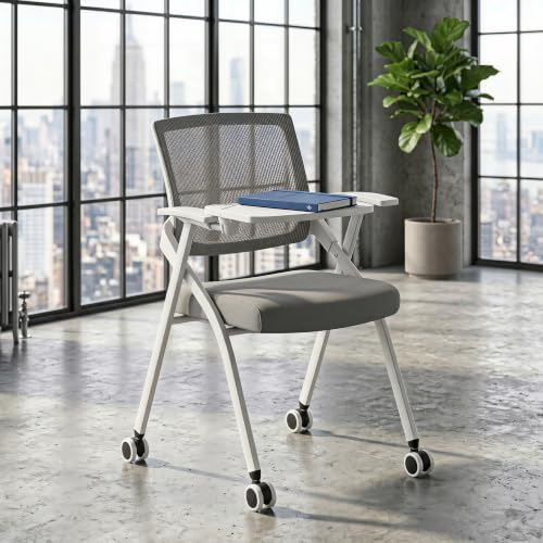 Image of 6 Pcs Folding Training Chairs with Desk Attached, Office Meeting Chair with Writing Tablet & Cup Holder, Space-Saving Nesting Stackable Chairs with wheel for Conference Room,Seminar, Classroom Chair