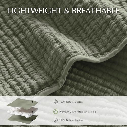 Image of EVERGRACEHOME Cotton Coverlet Set Full Queen Size 3 Pieces, Lightweight Soft Ribbed Matelasse Bedspread Quilt Set, Cozy Oversized Quilted Bedding Set with 2 Pillow Shams for All Seasons, Olive Green