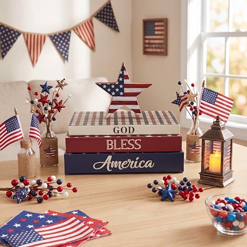 SiliFine 4 Pcs 4th of July Decorations, Patriotic Faux Decorative Books with Wooden Star Signs, 250th Tabletop God Bless America Decor, Independence Day Centerpieces Decor for Home Tiered Tray Mantel — view 2