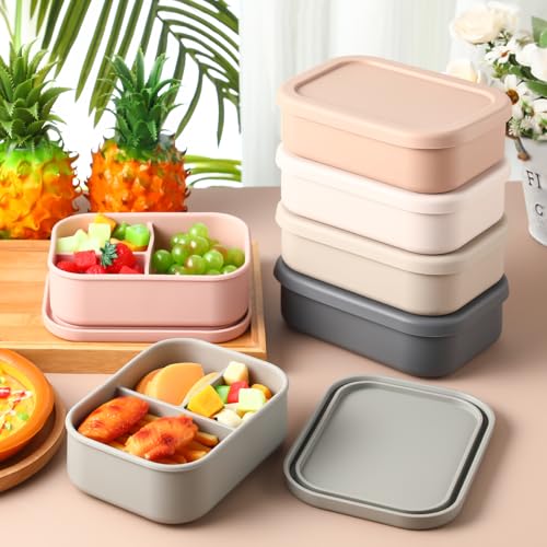 Image of Honeydak 6 Pcs Silicone Bento Boxes, 3 Compartment Lunch Containers