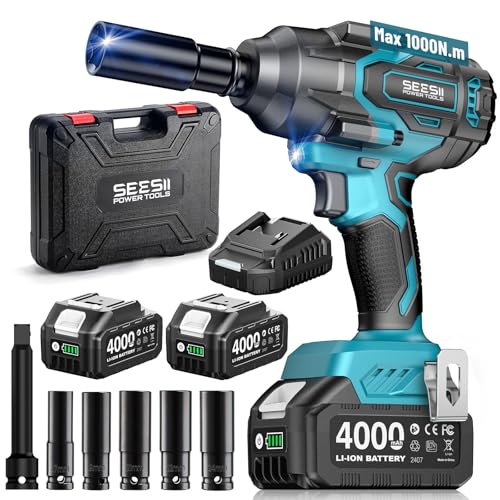 Seesii 1000N.m (738ft-lbs) Cordless Impact Wrench High Torque,1/2' Brushless Impact Gun w/Two 4.0Ah...
