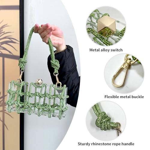 Image of Clear Clutch Acrylic Green Purses for Women, Rhinestones Handbags with Glitter Rope, Club Party Banquet