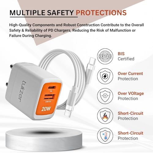 Image of Tukzer 20W Dual Port GaN3 Ultra 2X Faster Charger(Type C PD3.0&USB QC3.0) with Type C Cable Adapter for iPhone 16 /16Plus /16Pro /16Pro Max,15 /15Plus /15Pro /Max, 14 /13 /12,Samsung, Type-C Port Laptops-WHI