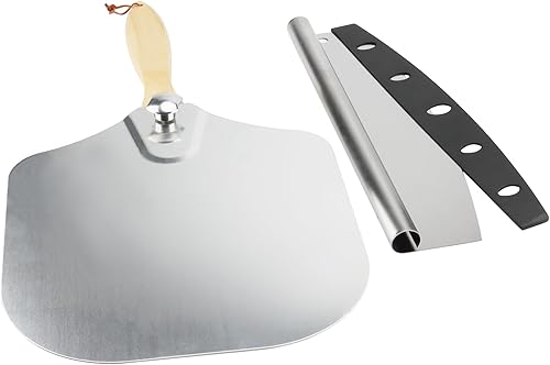 Miniatura 3 de 4 unidades de 12 x 14 pulgadas para pizza con 2 basculantes para cortar pizza, pala de pizza de metal de aluminio con mango de madera plegable para