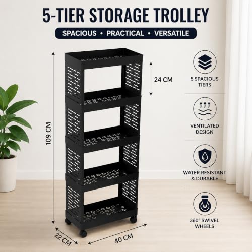 Image of Plastic Storage Trolley Rack with Wheels, 5-Layer Rolling Utility Cart, Space-Saving Home Organizer Rack, Kitchen, Bathroom, Office Storage| Black (1 Pcs, 5-Layer)