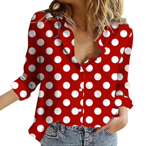 Womens Blouses Button Down V Neck Collared Classic Polka Dot T Shirts Casual Long Sleeve Ladies Tops(Red, XXL)