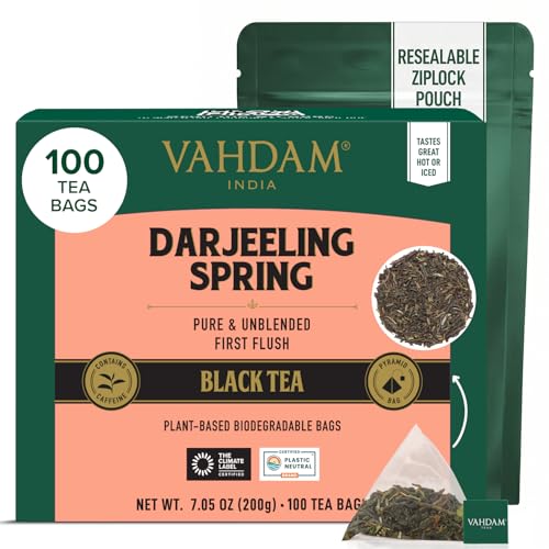 Image of VAHDAM, Exotic Darjeeling First Flush Tea Leaves (100 Black Tea Bags) High Caffeine, Non GMO, Gluten Free | Aromatic & Robust | Unblended First Flush Darjeeling Tea Bags | Resealable Ziplock Pouch