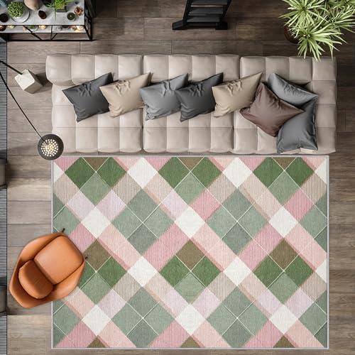 Tapis lavable rose et vert tapis d'intérieur moderne rectangulaire
