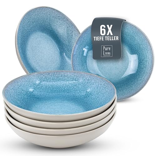 Steingut Suppenteller 6 Pers. Ibiza Hochwertiges Mediterranes TEST SEHR GUT Steingut Tiefe Teller Set - Kratzfest, Für Spülmaschine, Mikrowelle -...