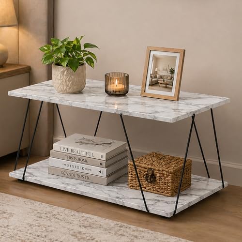 Image of JD FRESH Wooden Shelf Rack with Elegant Wooden Top /Shelving Unit & Organizer /Modern Centre Table with Sturdy Support & Spacious Storage Shelf for Living Room, Drawing Room & Balcony (White, Marble)
