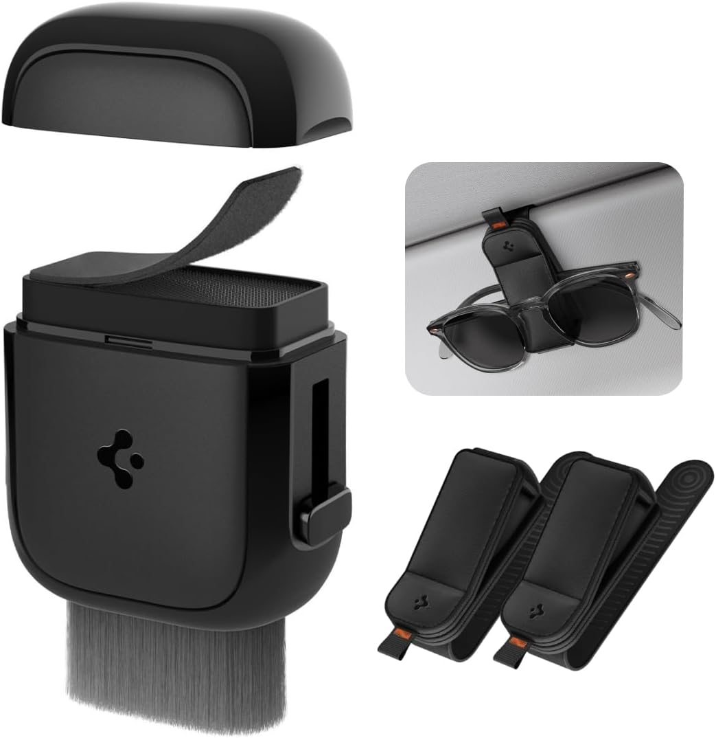 Spigen EZ Slide & Brush Screen Cleaner for Car (Tesla) with 2 Pack Magnetic Leather Sunglass Holder for Car Sun Visor