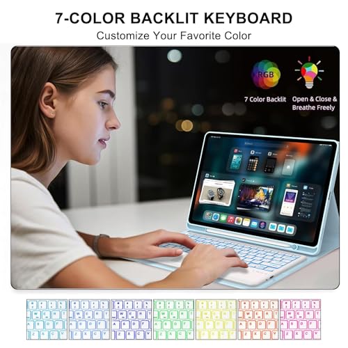 Image of Keyboard Case for Samsung Galaxy Tab S11 Ultra 14.6 inch 2025 (SM-X930 /X936B), 7 Color Backlit,Multi-Touch Trackpad,Magnetic Detachable Wireless Bluetooth Keyboard with S Pen Holder,Sky Blue