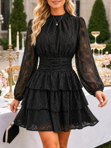 Image of Wenrine Womens Long Sleeve Lace Mini Dress Wedding Guest Dresses