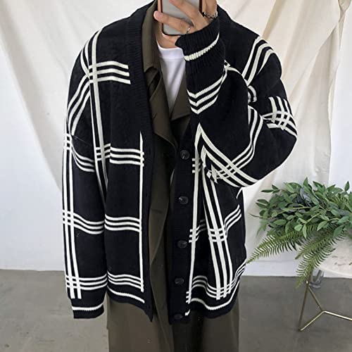 JEsilunmaMY Mens Loose Plaid Oversized Knit Cardigan Casual Button Down V Neck Sweater Soft Comfy Fall Knitwear Cardigans2