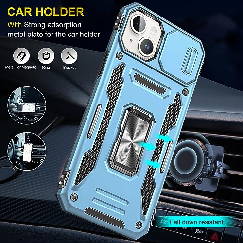 Image of Polycarbonate Slide Camera Cover with Ring Holder Mobile Phone Back Cover for iPhone 15 Plus (Blue)