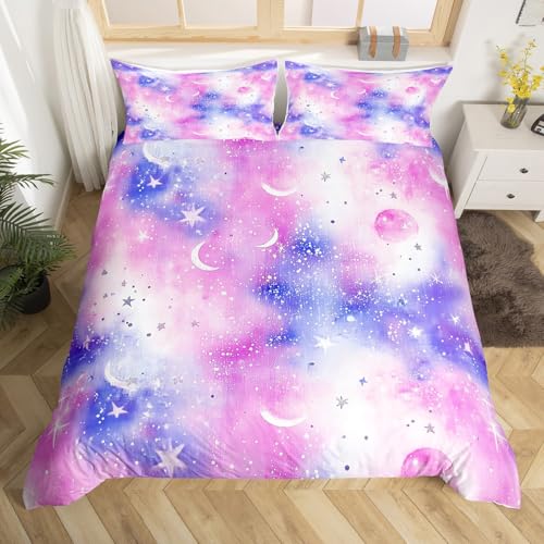 2 Pieces Star Moon Duvet Cover 100% Nature Cotton Toddler Size for Teens Youth,Tie Dye Sky Watercolor Galaxy Comforter Cover,Cartoon Night Abstract Gradient Print Super Soft Bedding (Not Comforter)
