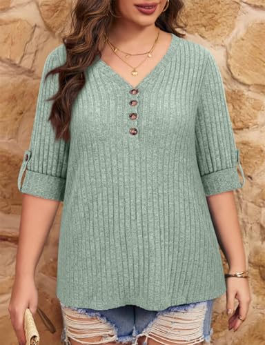 Image of Koscacy Women Plus Size V Neck 3 /4 Roll Sleeve Sweater Casual Knit Tops Solid Color Blouses