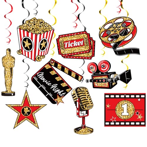 Image of Movie Night Hanging Swirl Set Party Decorations, 48 Pcs, Hollywood Theme with Popcorn Trophy Microphone Film Reel Party Supplies Sign, Red Black Gold