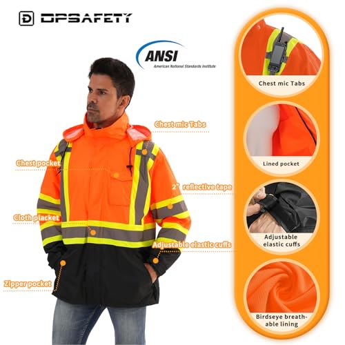 Image of Reflective Rain jackets for men waterproof,Hi Vis Safety Coat With Reflective Strips,High Visibility Class 3 Rain jackets With 2 large pockets,Zipper,Orange,LG /XL