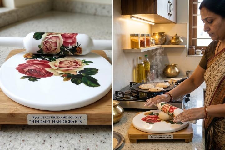 Image of Modern Floral Design Marble Chakla Wooden Belan | Printed 10 Inch Enamel Roti Maker with Belan | Heavy Duty Non-Slip Chakla for Roti, Chapati, Paratha |Kitchen Rolling Board (1 Set) (3.Rose Design)