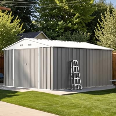 Patiolife 10x12 FT Metal Outdoor Storage Shed, All-Weather Garden Tool Shed with Lockable Door & Sloping Roof, for Backyard and Garden Patio, Grey