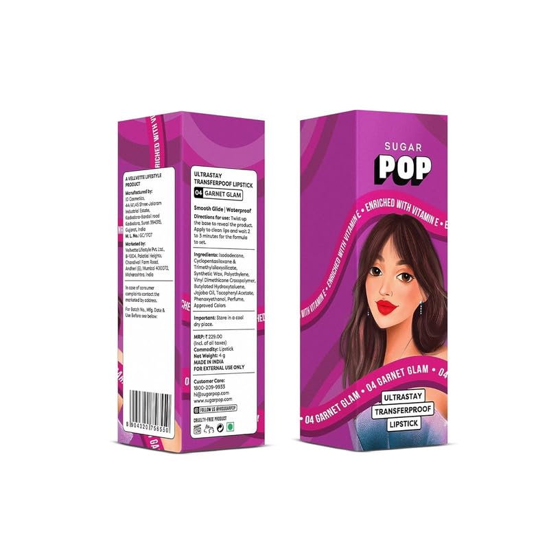 Image of SUGAR POP Ultrastay Transferproof Lipstick 04 Garnet Glam - 4 gms - Enriched with Vitamin E | Smooth Glide | Waterproof | Longlasting|Moisturizing lipstick