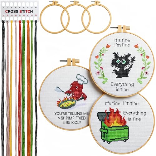 Image of Daifunli 3 Sets Funny DIY Embroidery Kits for Beginners Adults, Stamped Handmade Cross Stitch Starter with Animal It's Fine Patterns Needlepoint Kit with 3 Embroidery Hoop, Color Threads, Tools
