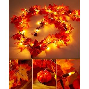 VCOKEN 11FT Fall Garland With Lights - 50 Bulbs Connectable Maple Leaves With Pumpkin, Plug-in Decor for Outdoor Indoor Halloween Thanksgiving Holidays VCOKEN 11FT Fall Garland With Lights 50 Bulbs Connectable Maple Leaves With Pumpkin Plug in Decor for Outdoor Indoor Halloween Thanksgiving Holidays