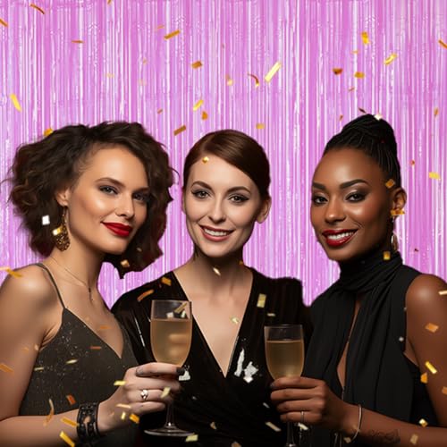 Image of DECOCKRAT 3 Pack Foil Fringe Backdrop - Pastel Purple Shiny Tinsel Curtains for Party Decoration /Photo Booth Props - 3.3x8.2 FT Metallic Foil Backdrop for Birthday, Wedding, Graduation, Christmas.