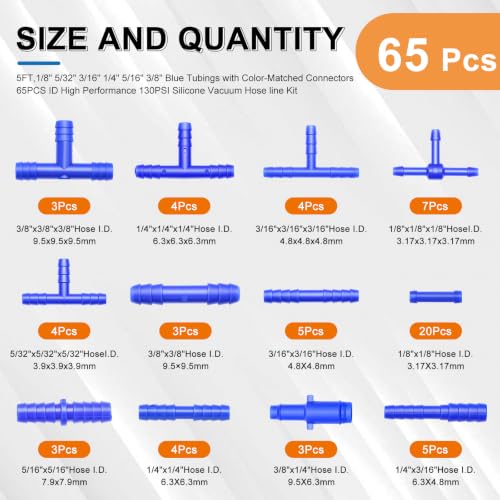 Image of Tnisesm 71Pcs Vacuum Line Kit, 5Ft Blue Vacuum Hose Automotive with Vacuum Line Connectors, High Performance Silicone Hose line Kit for Variety Car Piping System Automotive Replacement Vacuum Hoses