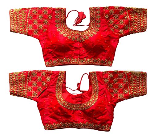 Glorenvally Fab Women's Silk Blouse for Saree - Readymade Blouse for Sari. (Red)