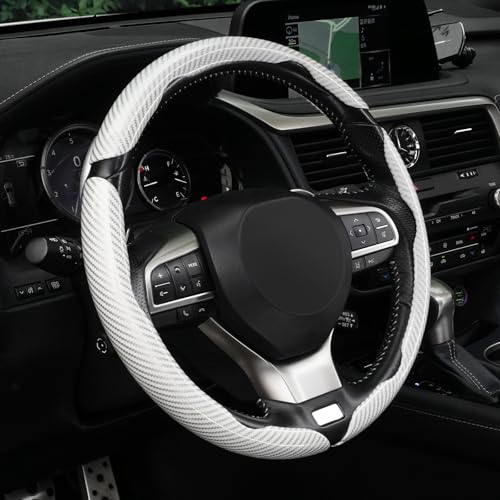 Image of Amiss 3pcs Carbon Fiber Anti-Skid Steering Wheel Cover, Waterproof Design, Universal Fit for 14-16 Inch Car Wheel Cover, Interior Car Accessories for Jeeps, SUVs, Trucks (Glossy White)
