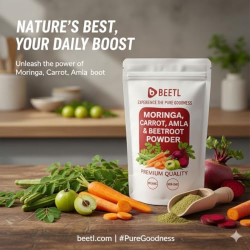 Image of BEETL Moringa Carrot Beetroot & Amla Powder Blend | Mixed Vegetable Powder | Plant Based Blend for Smoothies, Juices & Recipes | Pack of 2 x 100 g | Total 200 g