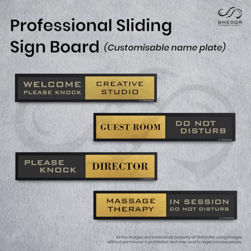 Image of inchMASSAGE THERAPY WELCOME PLEASE KNOCK / IN SESSION DO NOT DISTURB inch SMEDOR Professional sliding sign board �- on-door signboard- Customisable name plate display with in /out status - information letter board - custom sliding signs