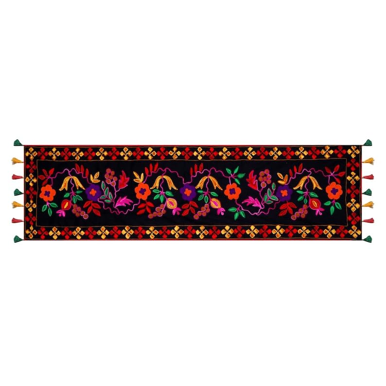 Handmade Black & multicolour floral Suzani Embroidery Table Runner, woven Home decor Gifts | Tahari Boho Table Throw | Premium Dining, Center Tablecloth | wall tapestry, Thanksgiving day, Gift to her3