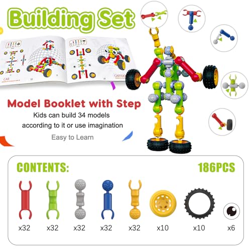 Kids STEM Building Toys for 3 4 5 6 7 8+ Year Old Boy Girl Birthday Gift, 186 Pcs Preschool Classroom Learning Activities Fine Motor Skills Building Blocks Ages 4-8 6-8 8-12 Engineering Creative Game - Image 6