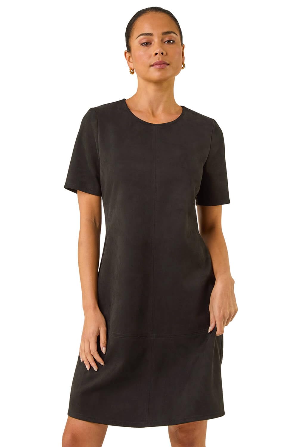 Roman Petite Faux Suede Shift Dress for Women UK - Ladies Everyday Autumn Winter Round Neckline Comfy Soft Evening Vacation Work Party Night Out - Black - Size 18