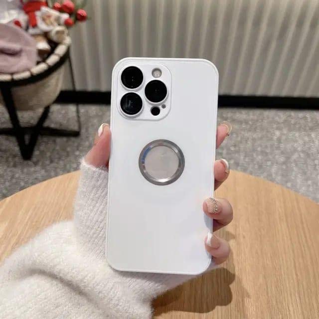 RADIUM Creation Metal Silicone Glass CASE Design for i Phone with Camera Lens Protection and Logo Visibility (I Phone 14 PRO, White)