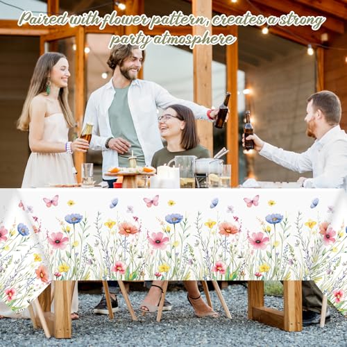 Image of Ganeen 3 Pcs Colorful Floral Tablecloth Disposable Plastic Wildflower Table Cloth Butterfly Flower Rectangle Table Cover for Birthday Wedding Valentines Easter Spring Tea Party Decor, 54 x 108 Inch