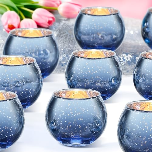 24 Pcs Blue Tea light Candle Holders, Mercury Glass Votive Candle Holders Bulk, 5 x 5.5 cm Round Table Centerpieces Decoration for Anniversary Wedding Home Decor Halloween Christmas Church